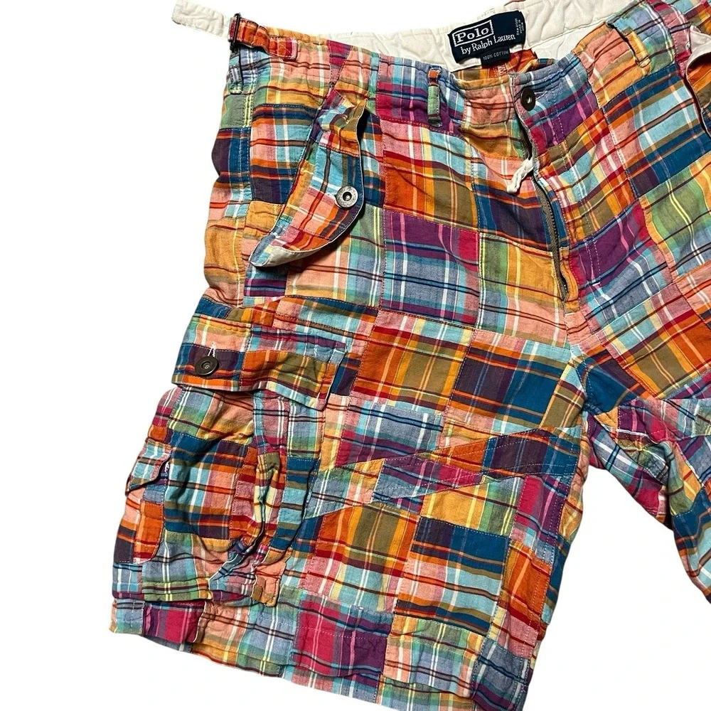 Polo Ralph Lauren Madras Patchwork Cargo Shorts Mens 34 Plaid Y2K 9